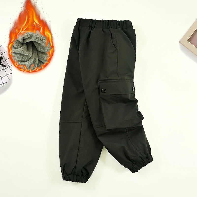 Winter Girls' Fleece-Lined Cargo Pants Windproof Waterproof Thermal Outdoor Casual Sweatpants for Kids 4-14 Years