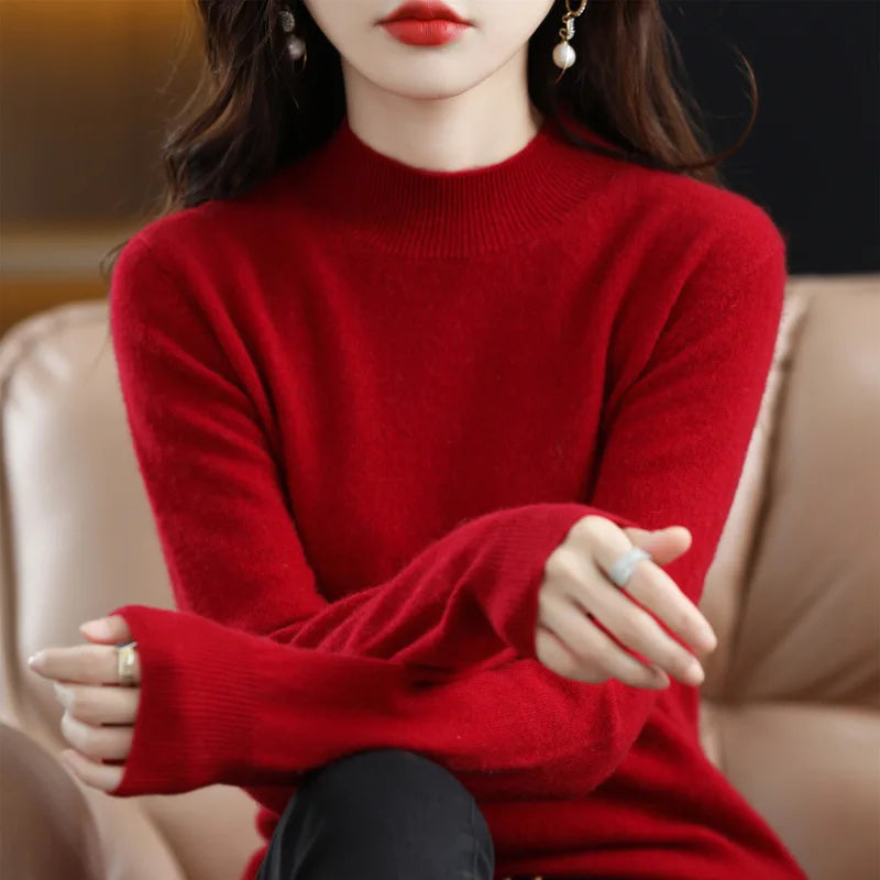 Autumn Winter Women Sweater Korean Fashion Warm Bottoming Shirts Half High Collar Basic Knitwear Solid Long Sleeve Pullovers