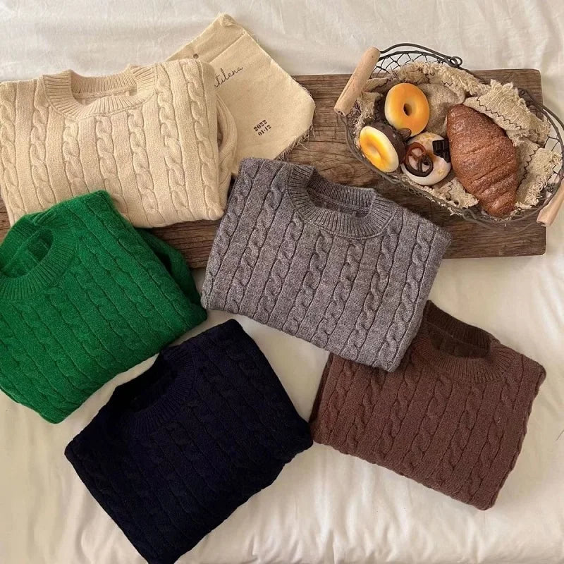 Baby Boy Girl Knitted Sweater Twisted Stripes Toddler Child Solid Color Sweater Pullover Spring Autumn Baby Clothes 2-10Y