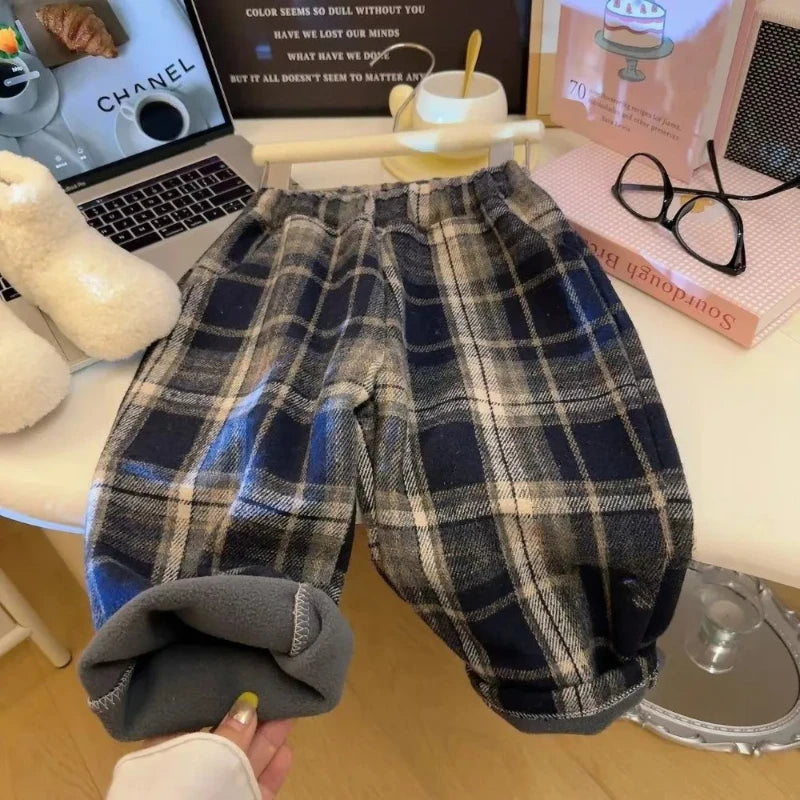 New Kids Thicken Plush Autumn Winter Pants Boys Girls Trendy Fashion Outdoor Plaid Straight Leg Students Children Warm Pant