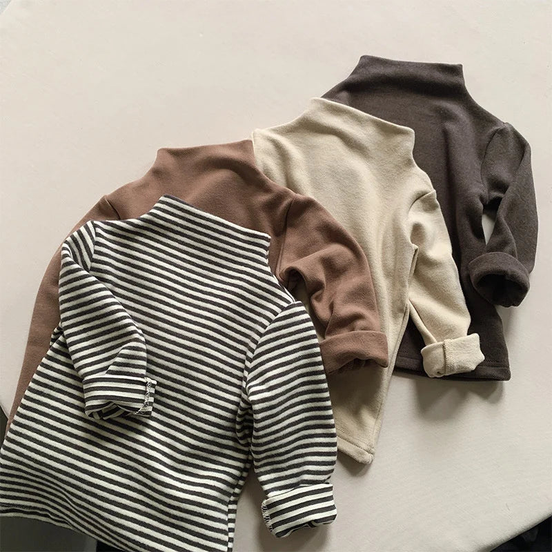 Autumn Winter Children T-Shirts 1-8Y Boys Girls Turtleneck Warm Striped Long Sleeve T Shirts Tops Tees Toddler Wear Kids Clothes