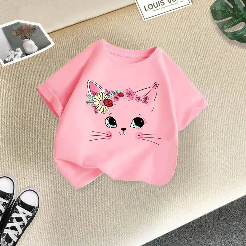 2025 Girl Butterfly Kitten Printed T-shirt Fashion Pure Cotton Round Neck Short Sleeve Girl Casual Candy Color Top