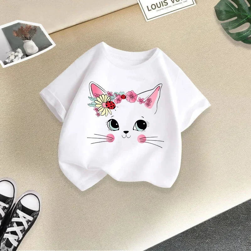 2025 Girl Butterfly Kitten Printed T-shirt Fashion Pure Cotton Round Neck Short Sleeve Girl Casual Candy Color Top