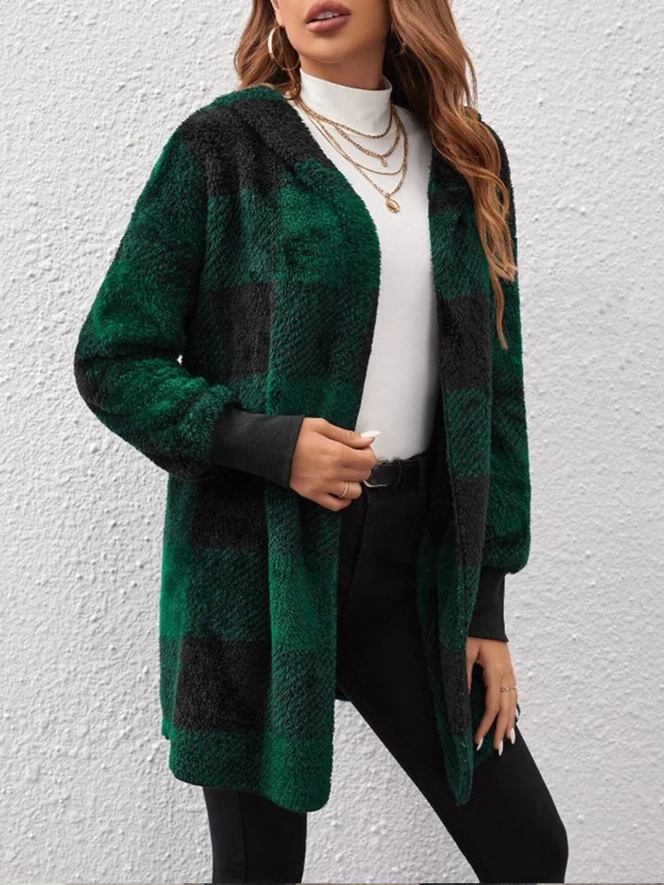 2024 Winter Thick Color-blocked Women's Cardigan Loose Ribbed Cold Resistance Plaid Sweaters Warm Plush Woman Cozy New Clothes