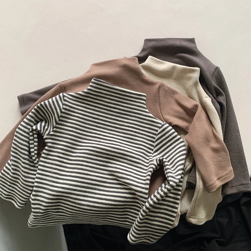 Autumn Winter Children T-Shirts 1-8Y Boys Girls Turtleneck Warm Striped Long Sleeve T Shirts Tops Tees Toddler Wear Kids Clothes