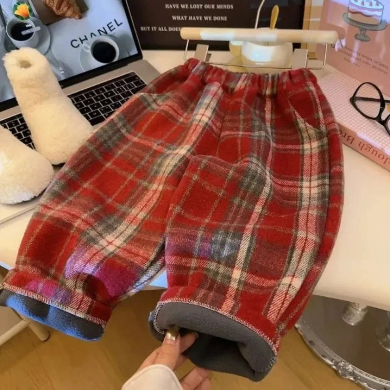 New Kids Thicken Plush Autumn Winter Pants Boys Girls Trendy Fashion Outdoor Plaid Straight Leg Students Children Warm Pant