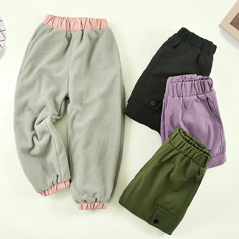 Winter Girls' Fleece-Lined Cargo Pants Windproof Waterproof Thermal Outdoor Casual Sweatpants for Kids 4-14 Years