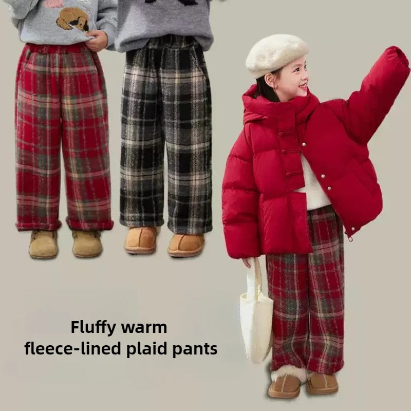 New Kids Thicken Plush Autumn Winter Pants Boys Girls Trendy Fashion Outdoor Plaid Straight Leg Students Children Warm Pant