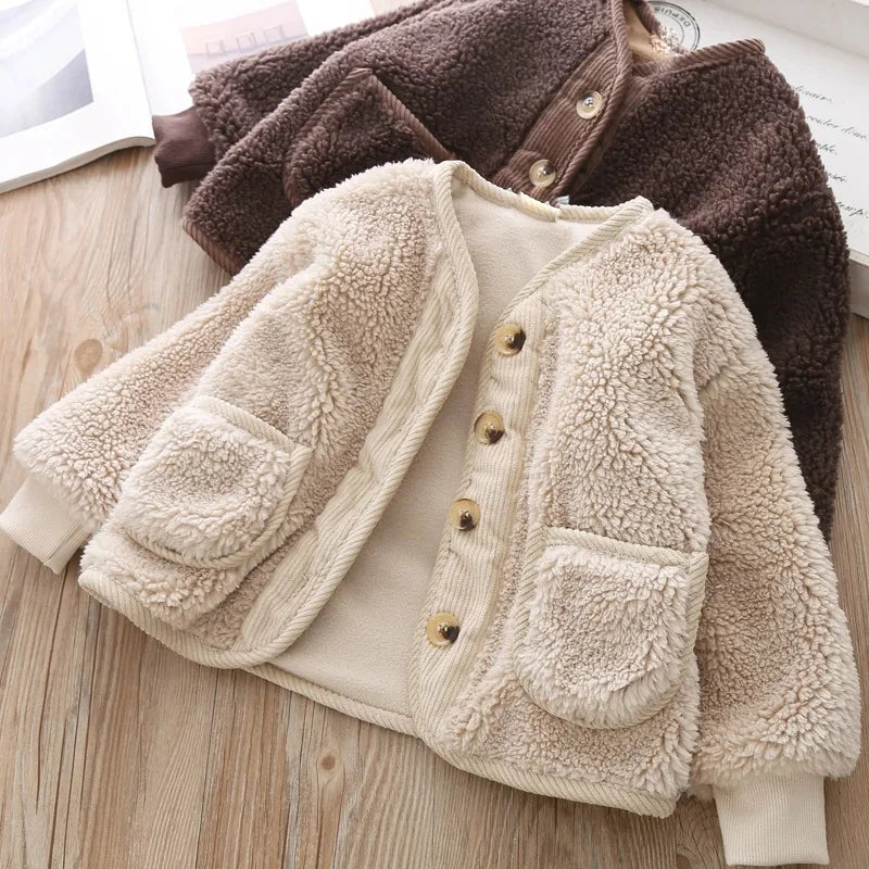 2025 Korean Boys Fall Winter Clothes For Girls Velvet Loose Lamb Velvet Warm Children's Jacket Coat For Girls 0-5-year-old