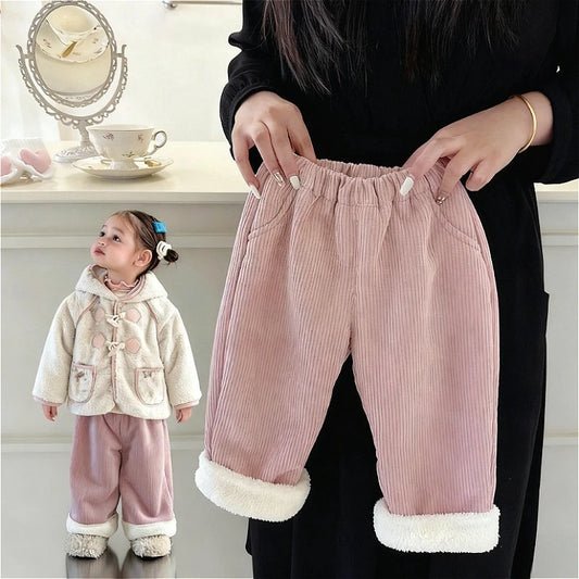 New Kids Thicken Plush Autumn Winter Pants Boys Girls Trendy Fashion Outdoor Plaid Straight Leg Students Children Warm Pant
