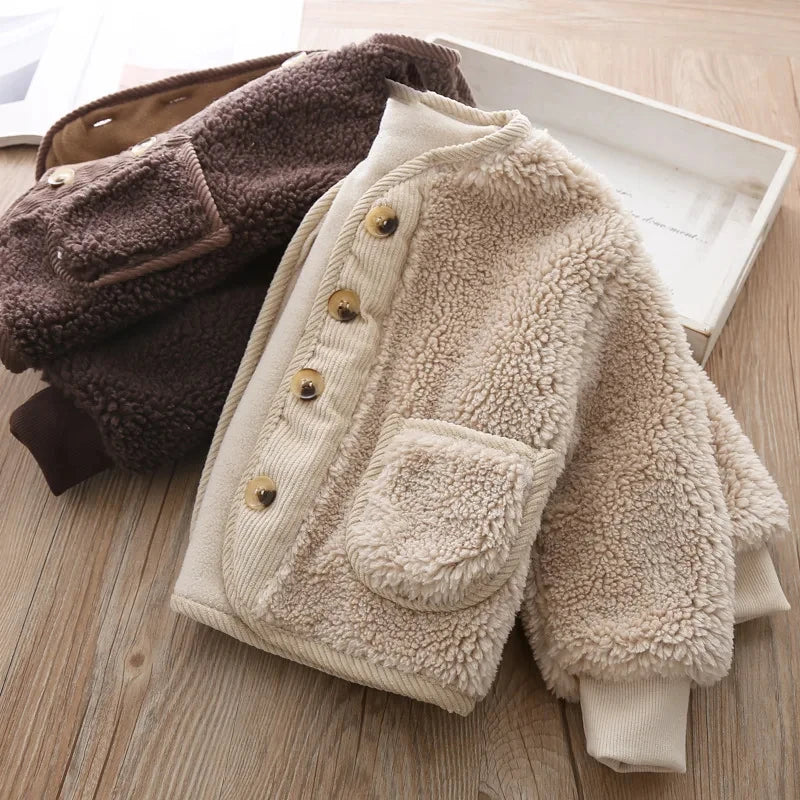 2025 Korean Boys Fall Winter Clothes For Girls Velvet Loose Lamb Velvet Warm Children's Jacket Coat For Girls 0-5-year-old