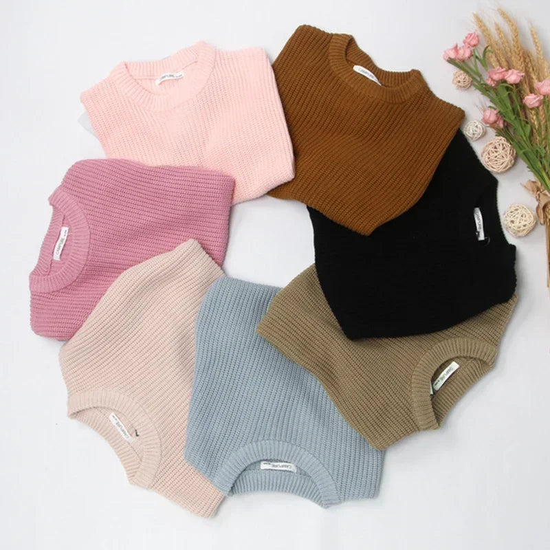 2025 New Autumn 0-7Yrs Kids Sweater Baby Loose Pullover Sweater Baby Boys Girls Long Sleeved Solid Color Knitted Pullover Tops