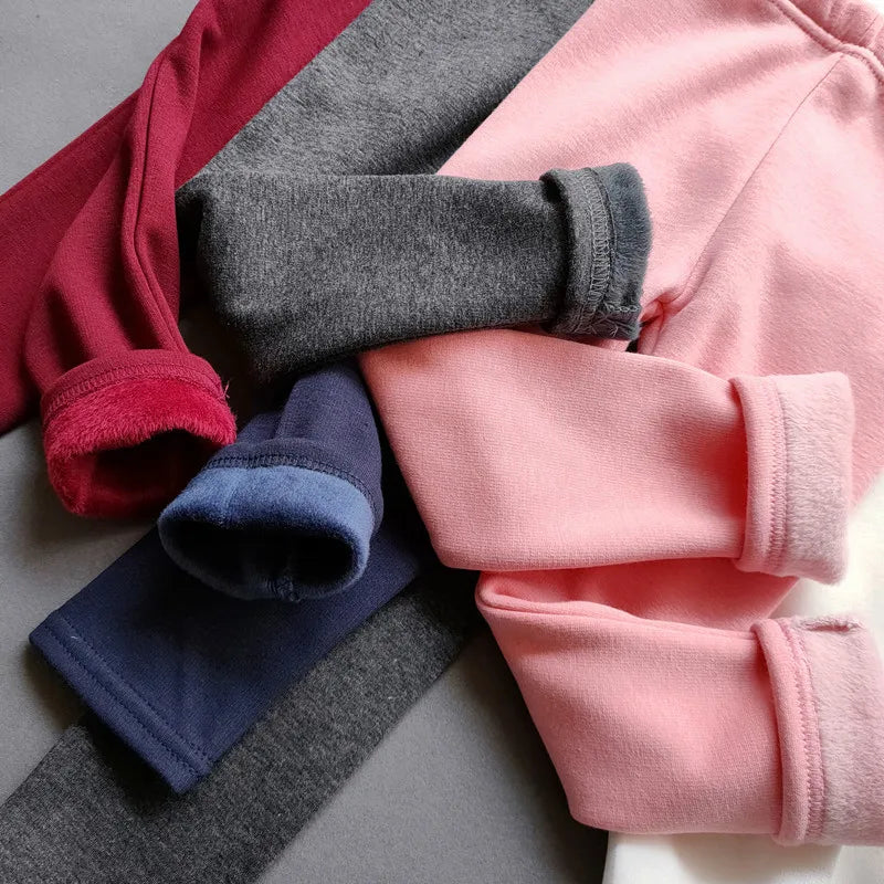 Autumn Winter Girls Fleece Leggings Kids Slim Thermal Trousers children's Solid Color Plus Velvet Warm Pants