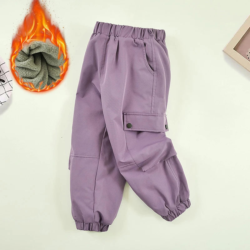 Winter Girls' Fleece-Lined Cargo Pants Windproof Waterproof Thermal Outdoor Casual Sweatpants for Kids 4-14 Years
