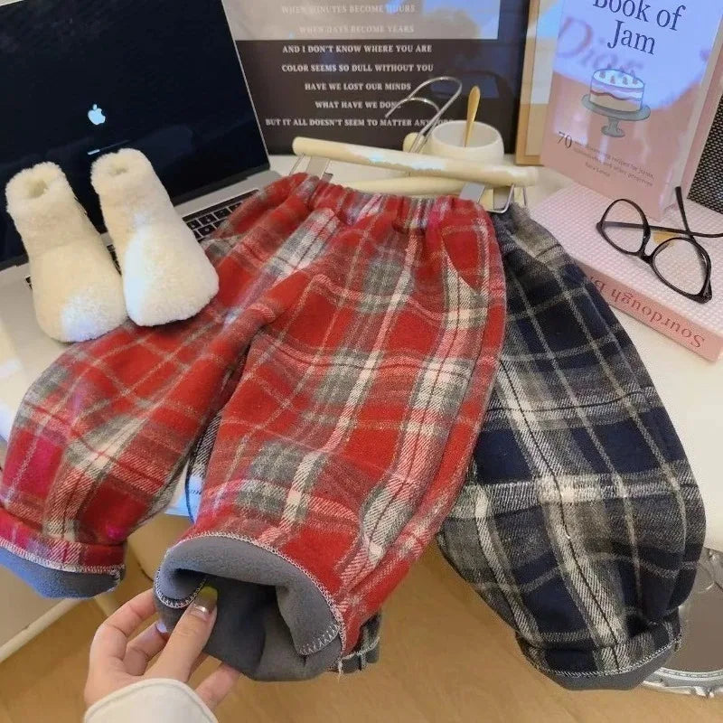 New Kids Thicken Plush Autumn Winter Pants Boys Girls Trendy Fashion Outdoor Plaid Straight Leg Students Children Warm Pant