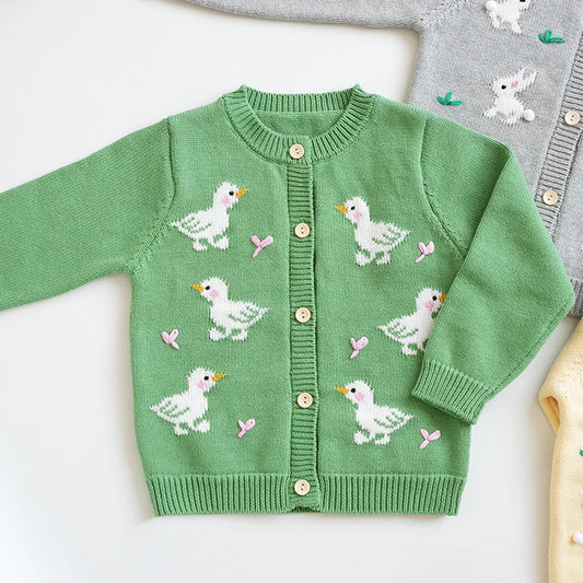 2024 New Autumn Children Long Sleeved Cartoon Print Casual Loose Sweater Baby Girls Knitting Cardigan Coat Kids Knitted Cardigan